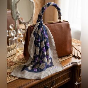 Vintage 70s Cacharel for Glentex Silk Scarf Sheer Navy Violet Pansy Floral 21"